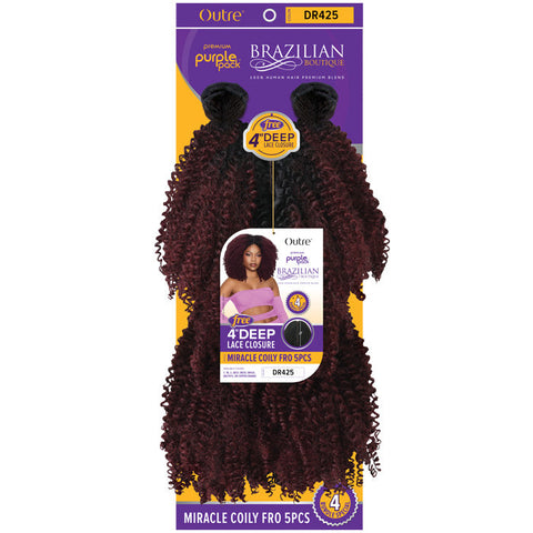 Outre Purple Pack Brazilian Boutique 100% Human Hair Blend Weave - MIRACLE COILY FRO 5 PCS + Free 4" Deep Lace Closure Outre Purple Pack Brazilian Boutique 100% Human Hair Blend Weave - MIRACLE COILY FRO 5 PCS + Free 4" Deep Lace Closure