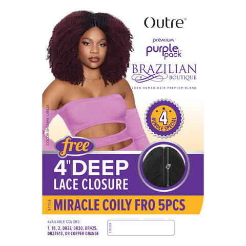 Outre Purple Pack Brazilian Boutique 100% Human Hair Blend Weave - MIRACLE COILY FRO 5 PCS + Free 4" Deep Lace Closure Outre Purple Pack Brazilian Boutique 100% Human Hair Blend Weave - MIRACLE COILY FRO 5 PCS + Free 4" Deep Lace Closure