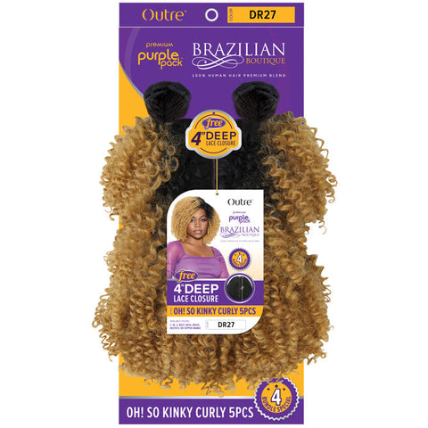 Outre Purple Pack Brazilian Boutique 100% Human Hair Blend Weave - OH SO KINKY CURLY 5 PCS + Free 4" Deep Lace Closure Outre Purple Pack Brazilian Boutique 100% Human Hair Blend Weave - OH SO KINKY CURLY 5 PCS + Free 4" Deep Lace Closure