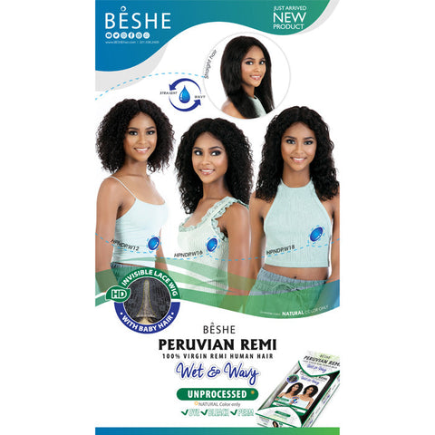Beshe Peruvian Remi 100% Virgin Remy Human Hair Wet & Wavy HD Lace Wig - HPNDP.W 12"
