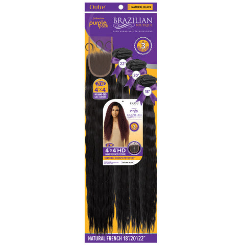 Outre Purple Pack Brazilian Boutique Human Hair Blend Weave - NATURAL FRENCH (18"/20"/22"+ 4x4 HD HAND-TIED LACE CLOSURE)
