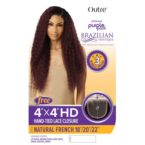 Outre Purple Pack Brazilian Boutique Human Hair Blend Weave - NATURAL FRENCH (18"/20"/22"+ 4x4 HD HAND-TIED LACE CLOSURE)