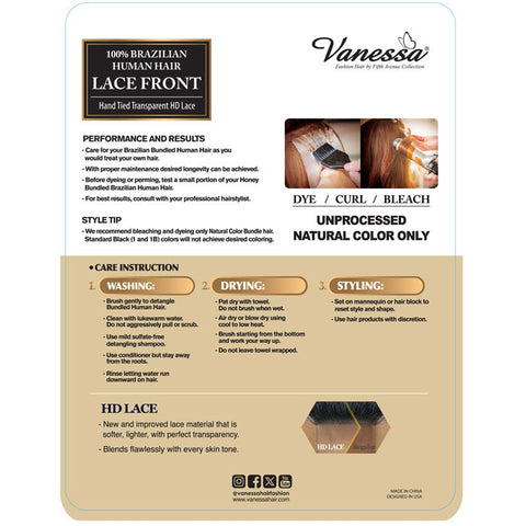 Vanessa 100% Brazilian Human Hair Swissilk J-Part HD Lace Front Wig - TJH NESSY - Hand-Tied